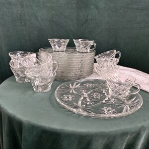 Vintage Anchor Hocking 12 Sets.Pressed Glass Snack Tea Set